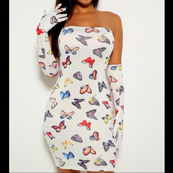 Strapless butterfly print Mini Dress With Gloves SMALL - Picture 4 of 15